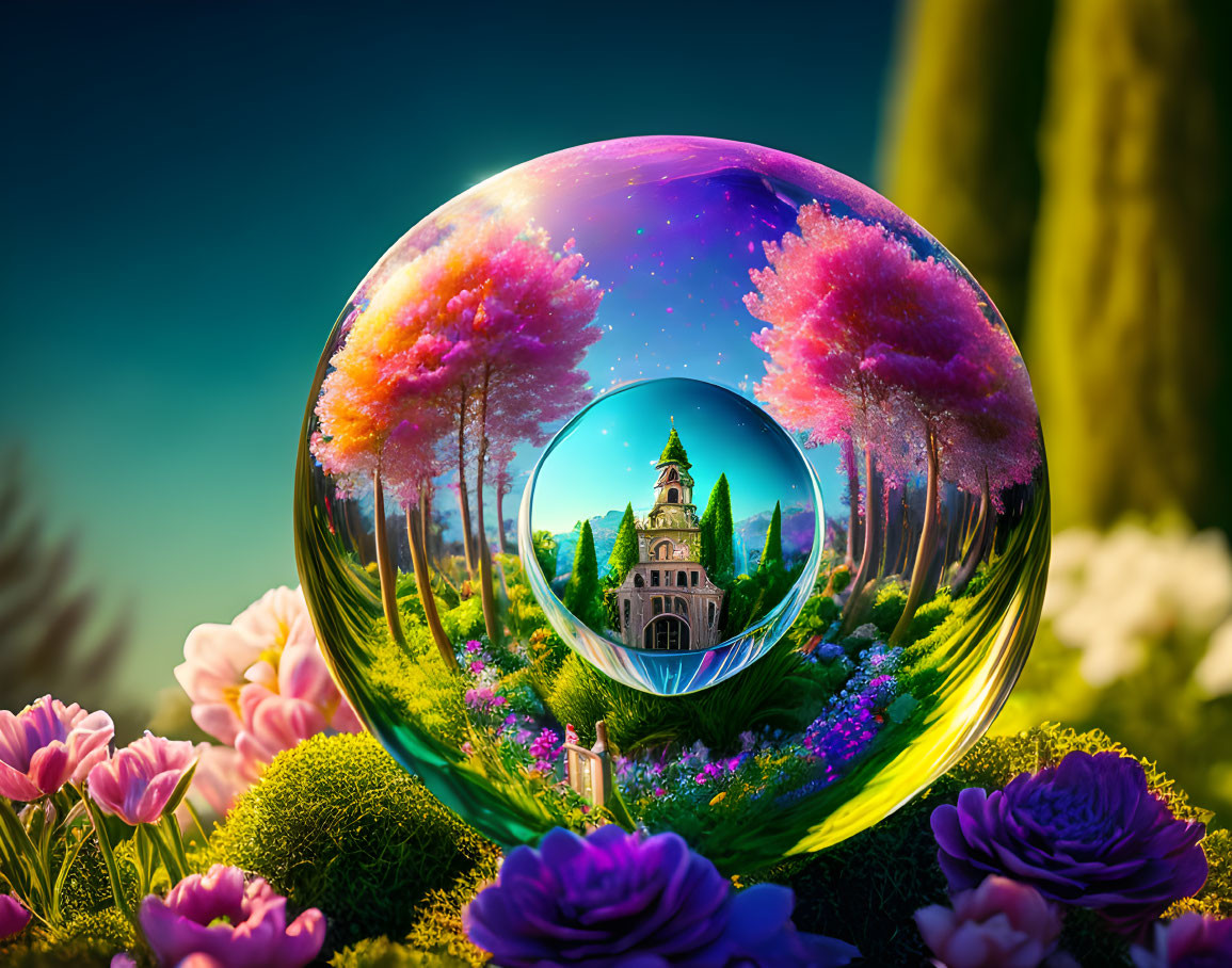 Crystal ball reflects castle, pink trees, starry sky, and lush garden scene