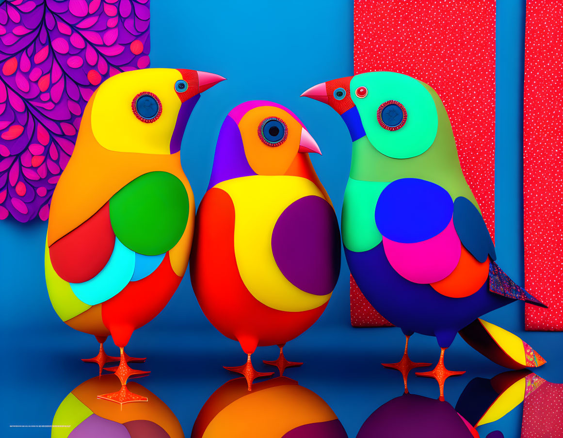 Colorful stylized birds with circular patterns on vibrant background.