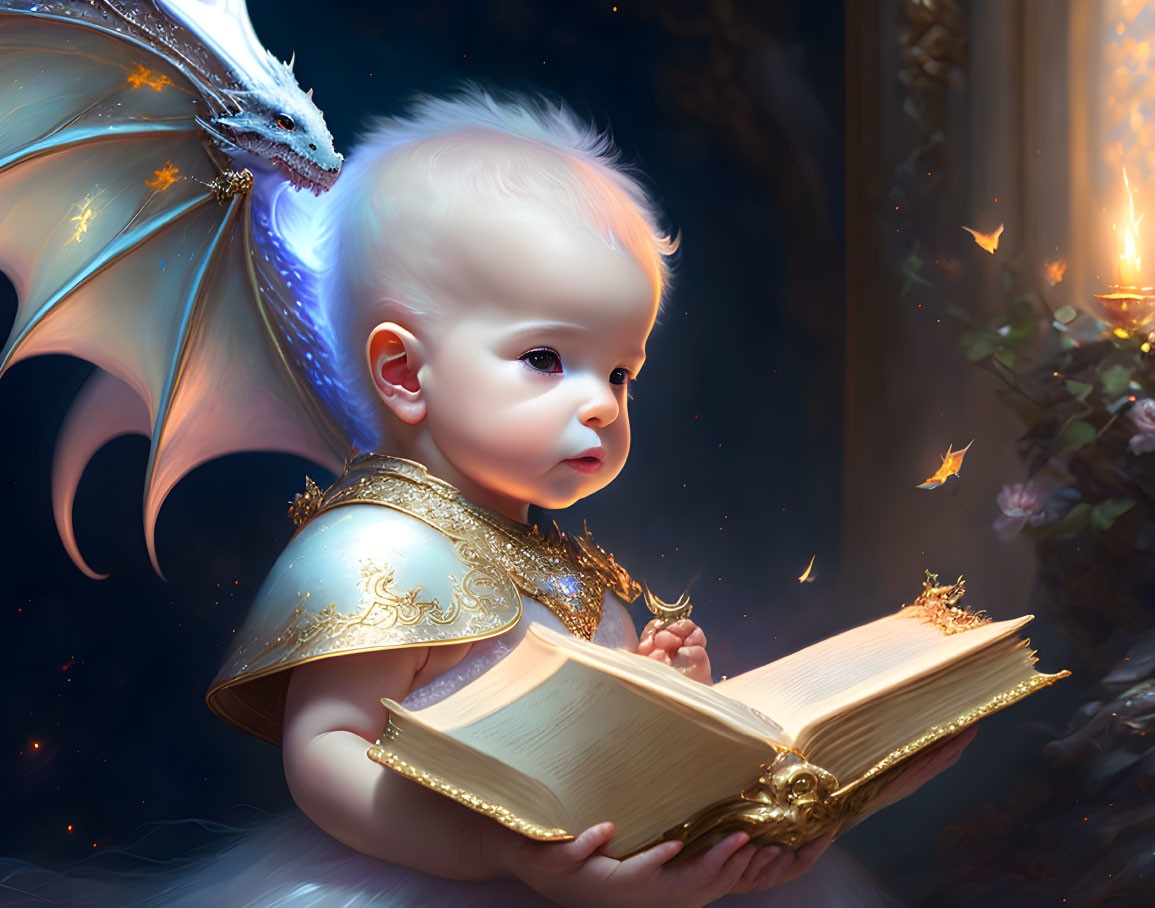 Golden-armored baby reading glowing book with white dragon in candle-lit scene