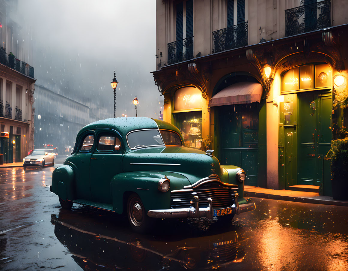 Vintage Car Parked on Rain-Slicked Street at Dusk