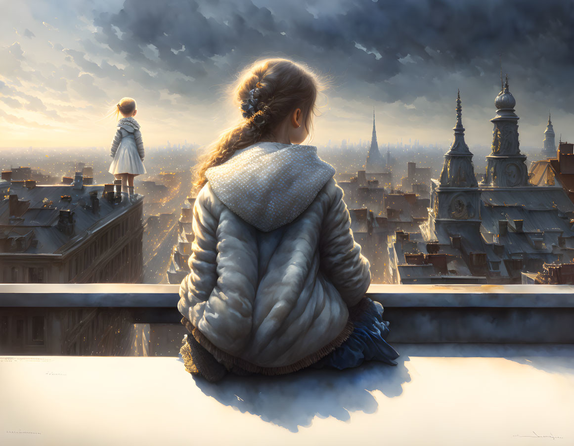 Young girl in puffy jacket gazes at distant figure on city rooftop at sunrise