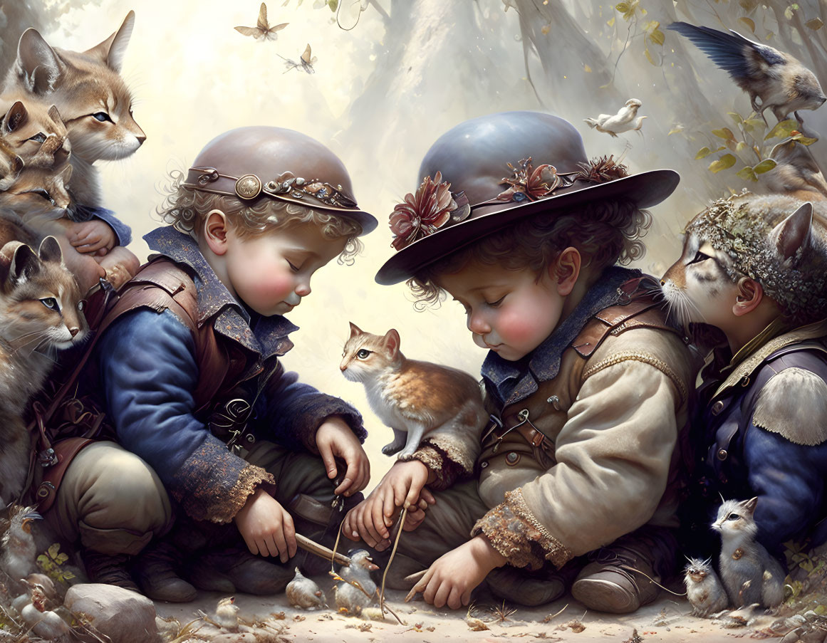 Children with foxes and birds in whimsical vintage attire