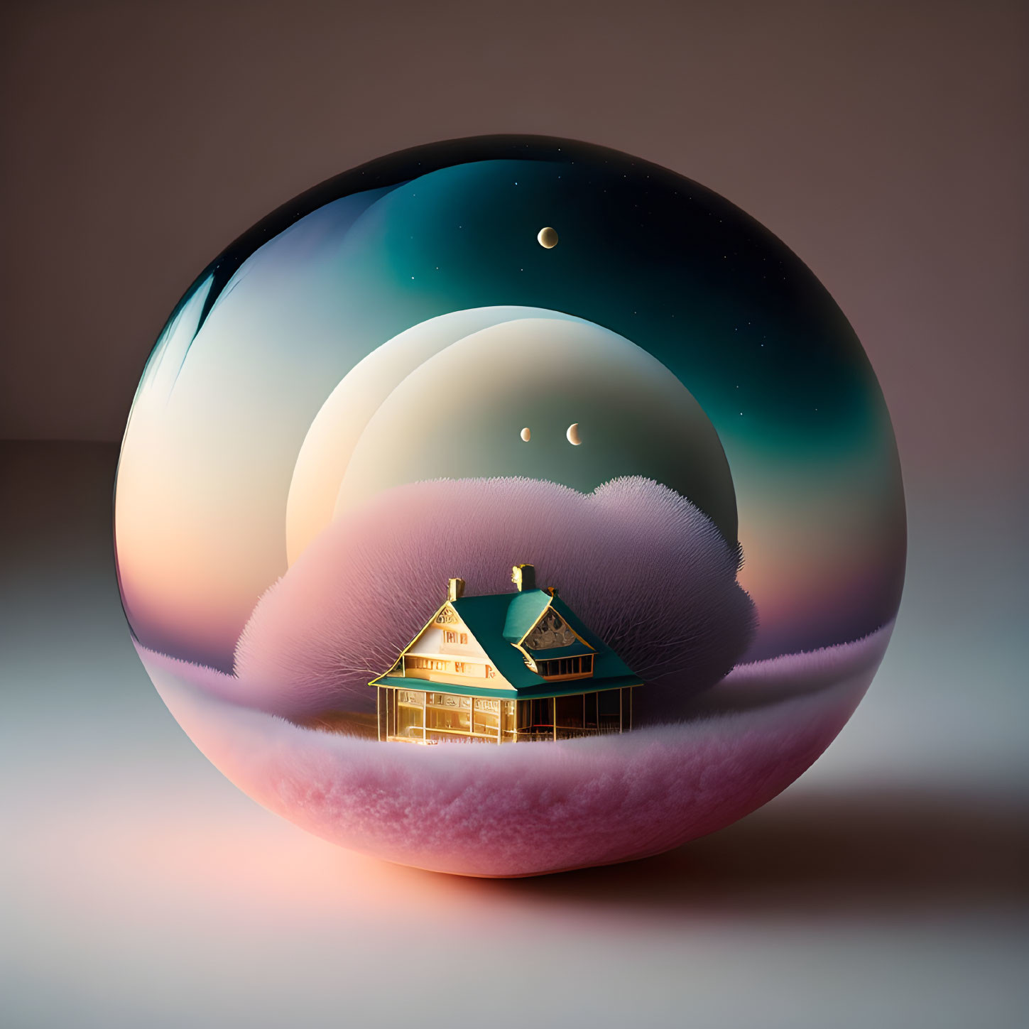 Surreal image of house in pink cloud sphere with cosmic background