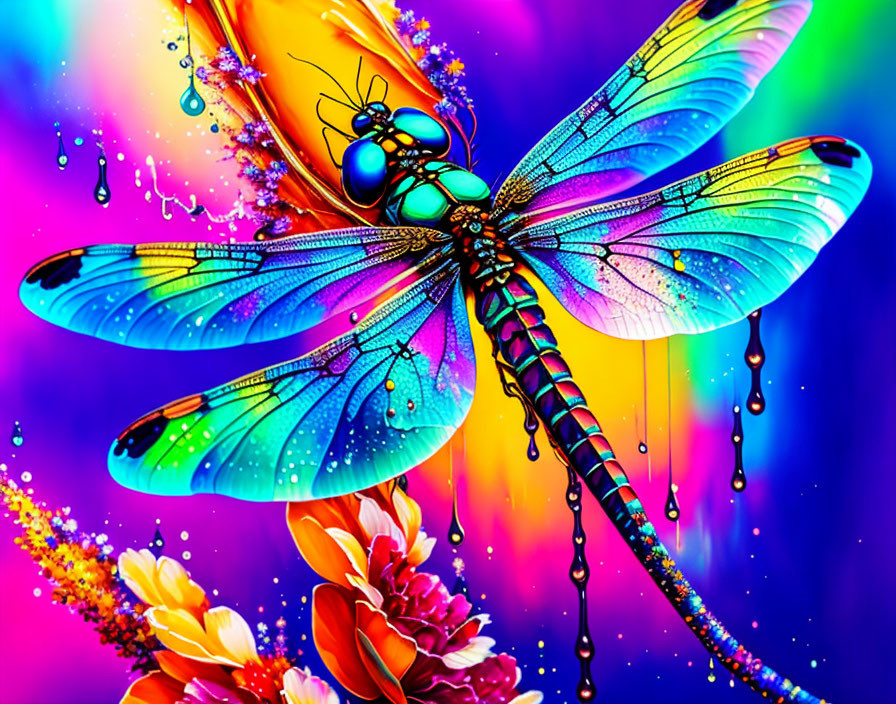 Colorful neon dragonfly on vibrant flowers in digital art