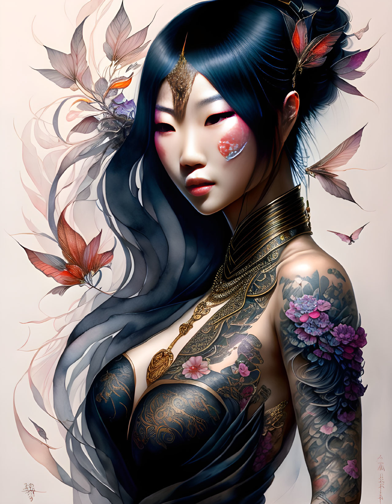 Detailed Illustration of Woman with Blue-Black Hair, Feather Adornments, Golden Neckpiece,
