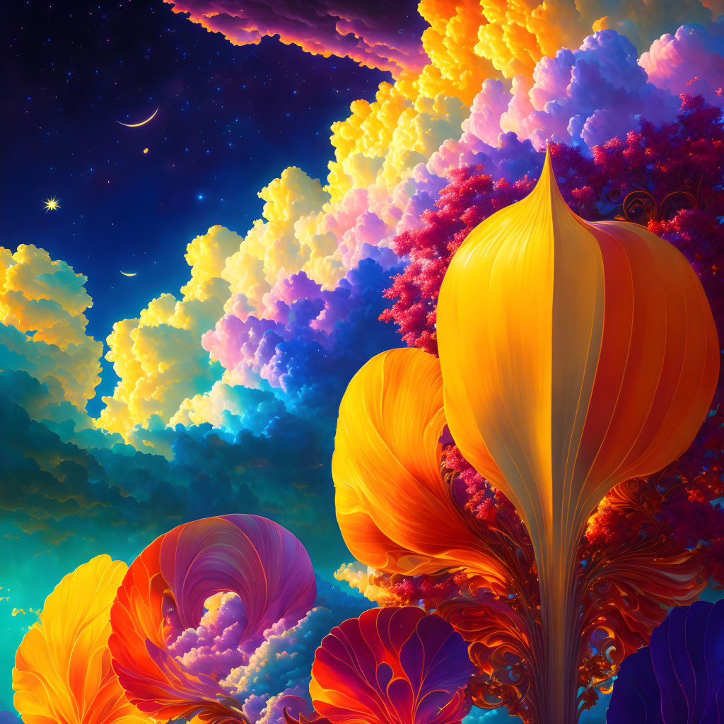 Fantastical scene: Vibrant flowers under starlit sky