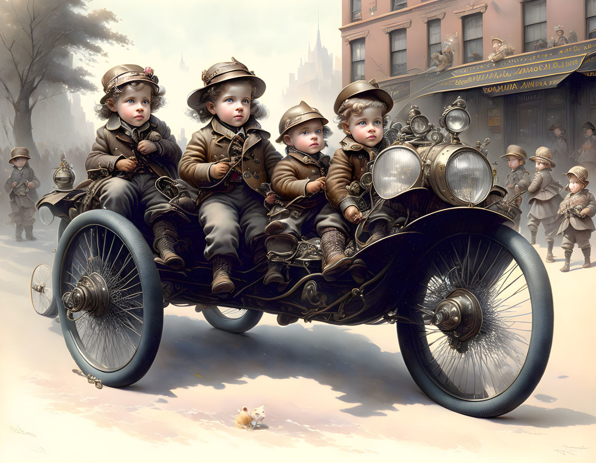 Vintage scene: Toddlers in old-fashioned attire with children and a dog in antique car on old