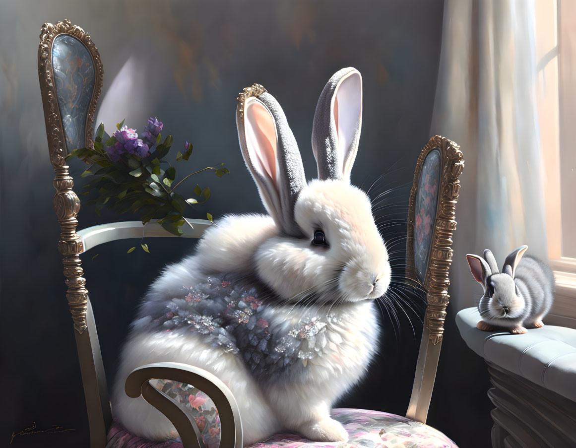 Fluffy white rabbit with flowers on antique chair beside smaller rabbit