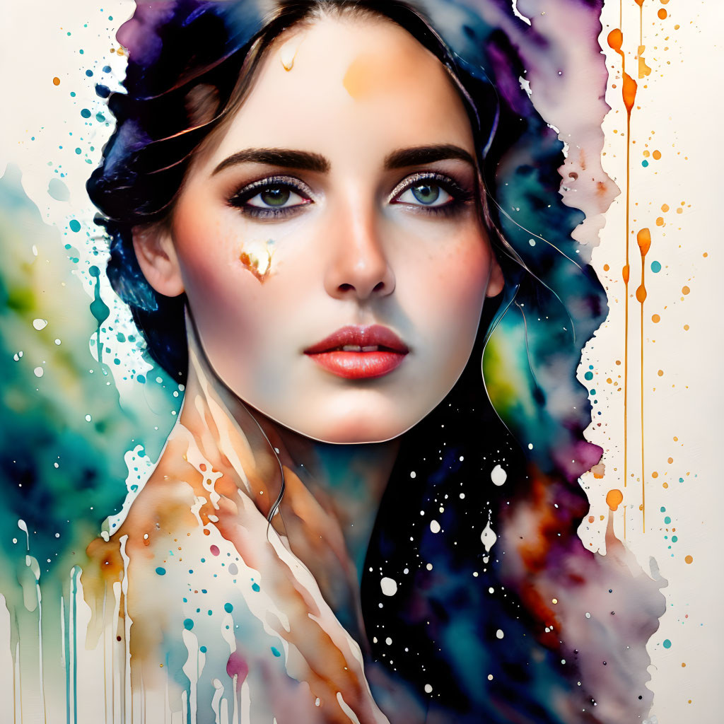 Woman's Portrait with Blue Eyes and Watercolor Splashes