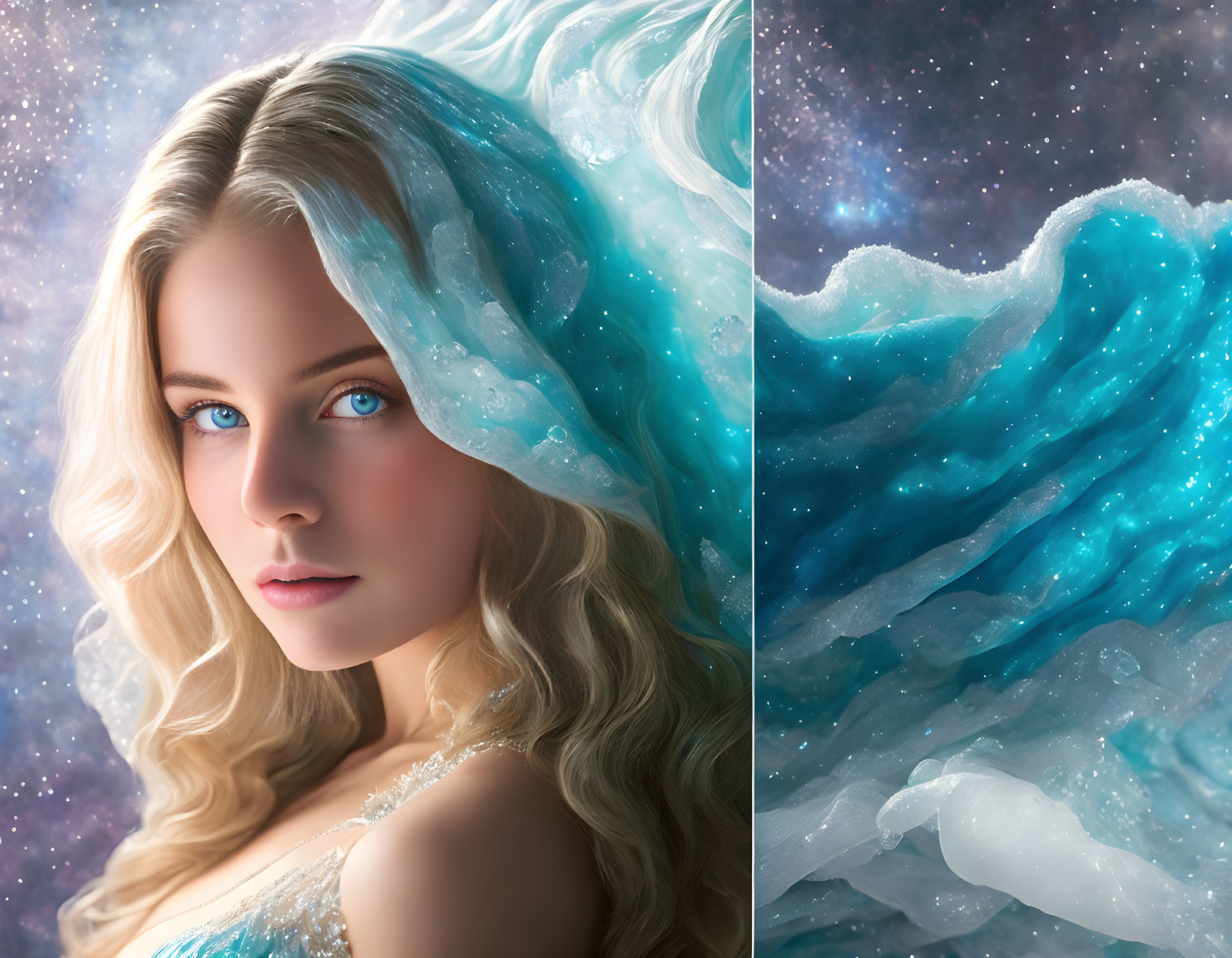 Fantasy portrait of a woman with wavy hair against cosmic backdrop