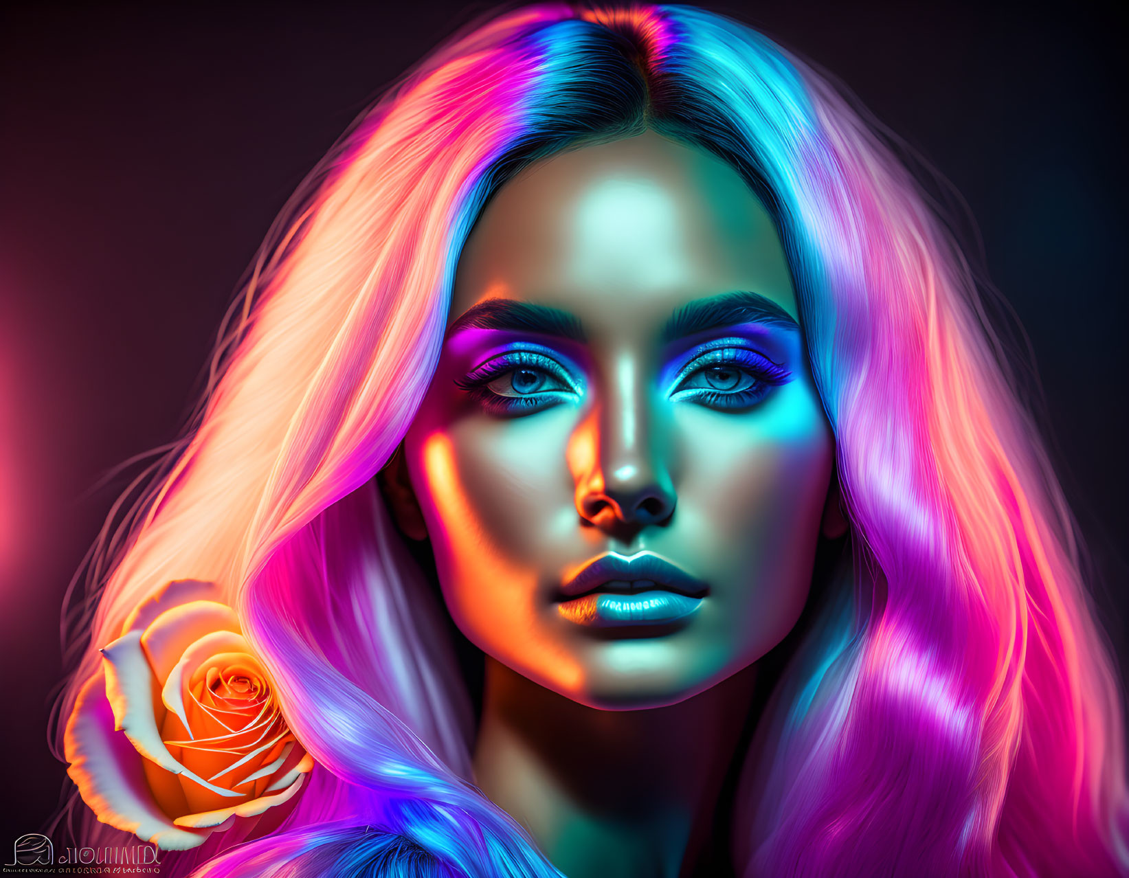 Portrait of woman with vibrant neon lighting, pink and blue hues, striking makeup, and rose.