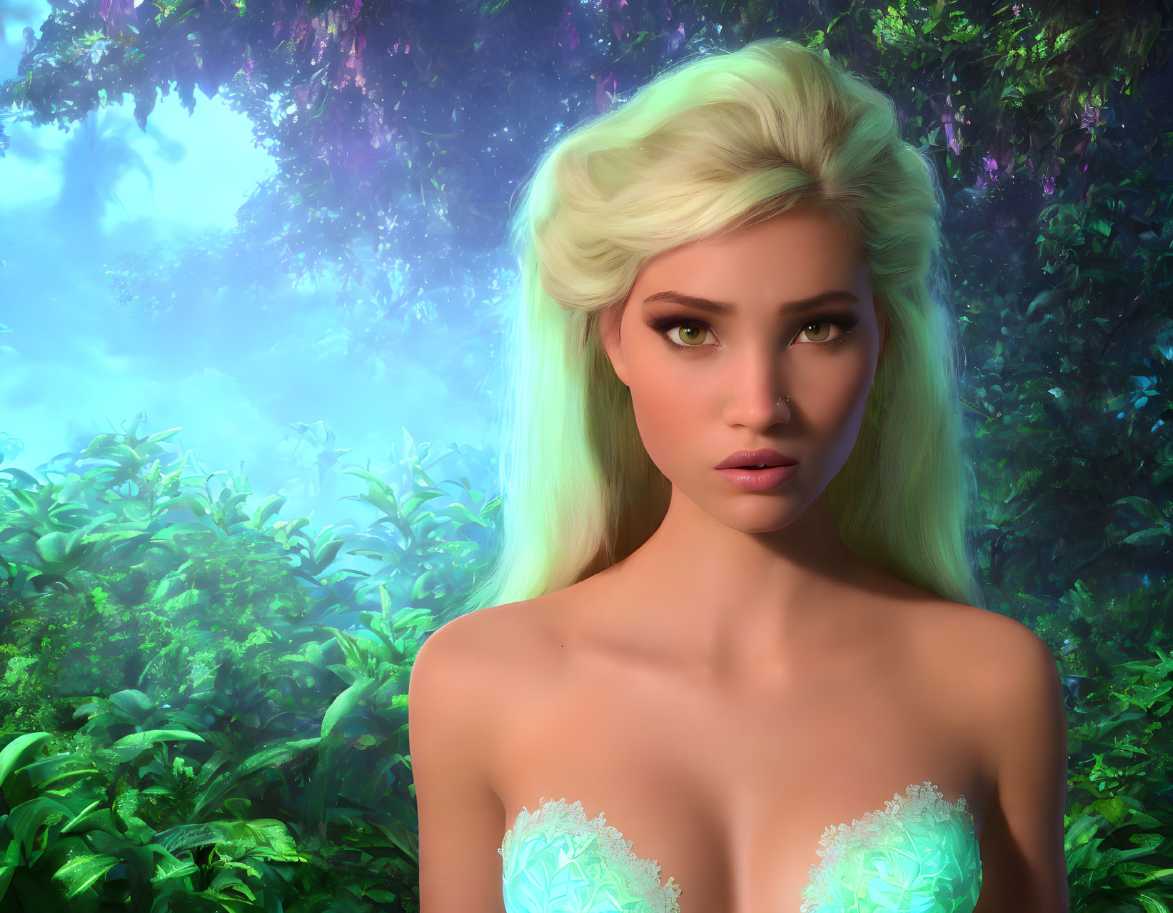 Blonde woman in mystical forest with sunlight and greenery