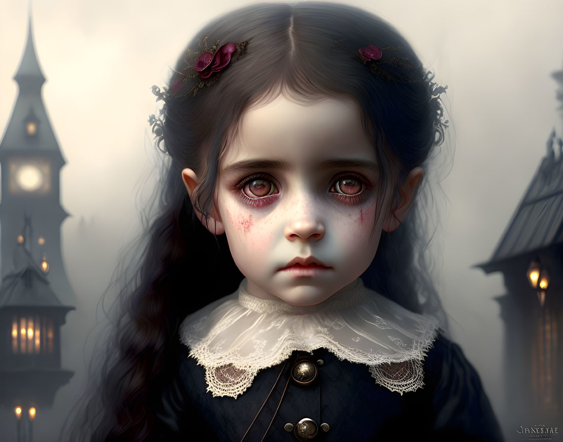 Victorian girl portrait in gothic setting.