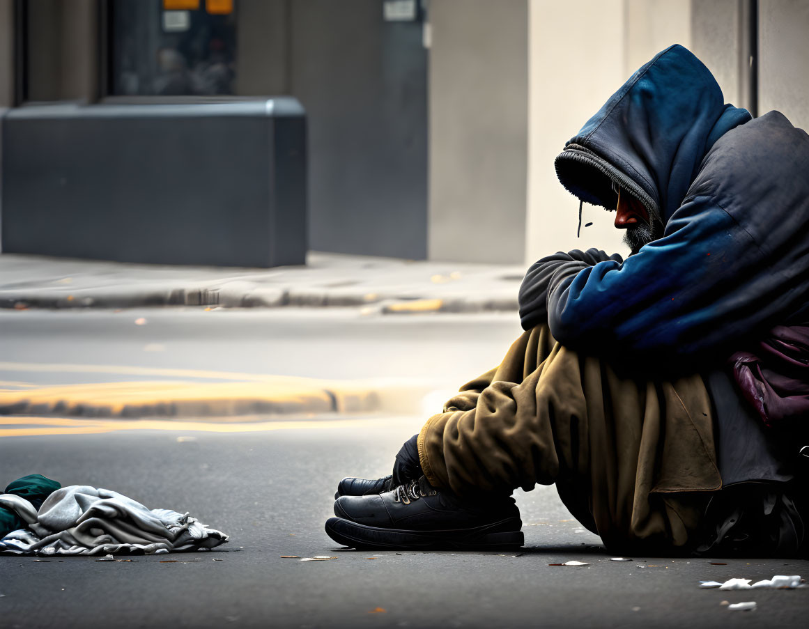 Desolate person in hooded jacket sitting on city sidewalk.