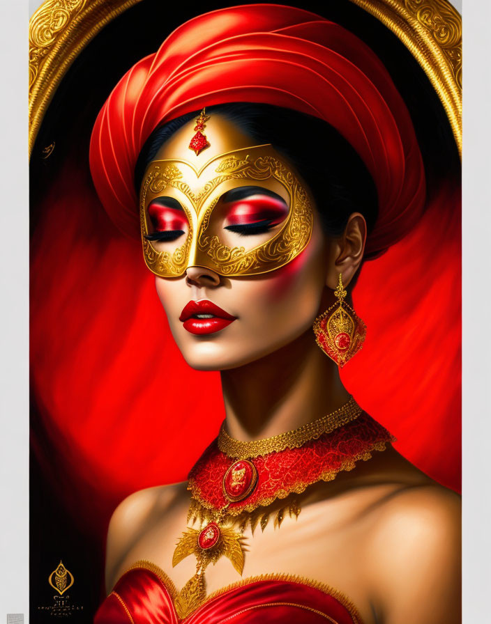 Enigmatic woman in red and gold mask and jewelry on moody background