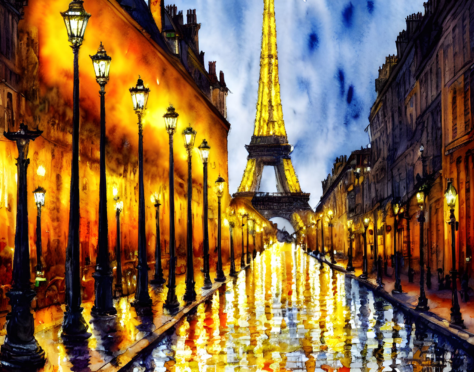 Vibrant artwork: Rainy Paris street at twilight with Eiffel Tower