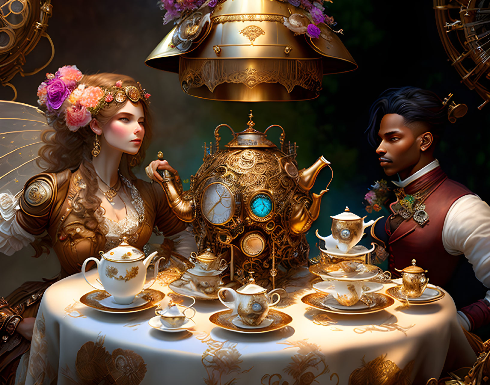 Victorian-era styled man and woman with steampunk tea set and brass contraptions.