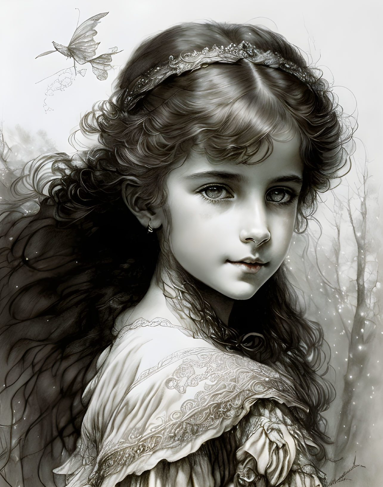 Detailed Monochrome Illustration of Young Girl with Elaborate Curls and Butterfly