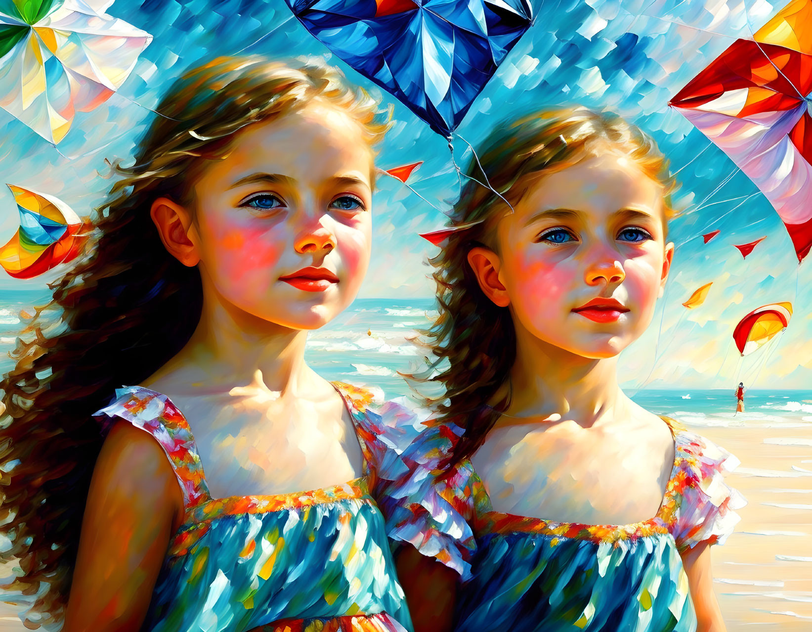 Two girls on beach with colorful kites flying, sunlit faces