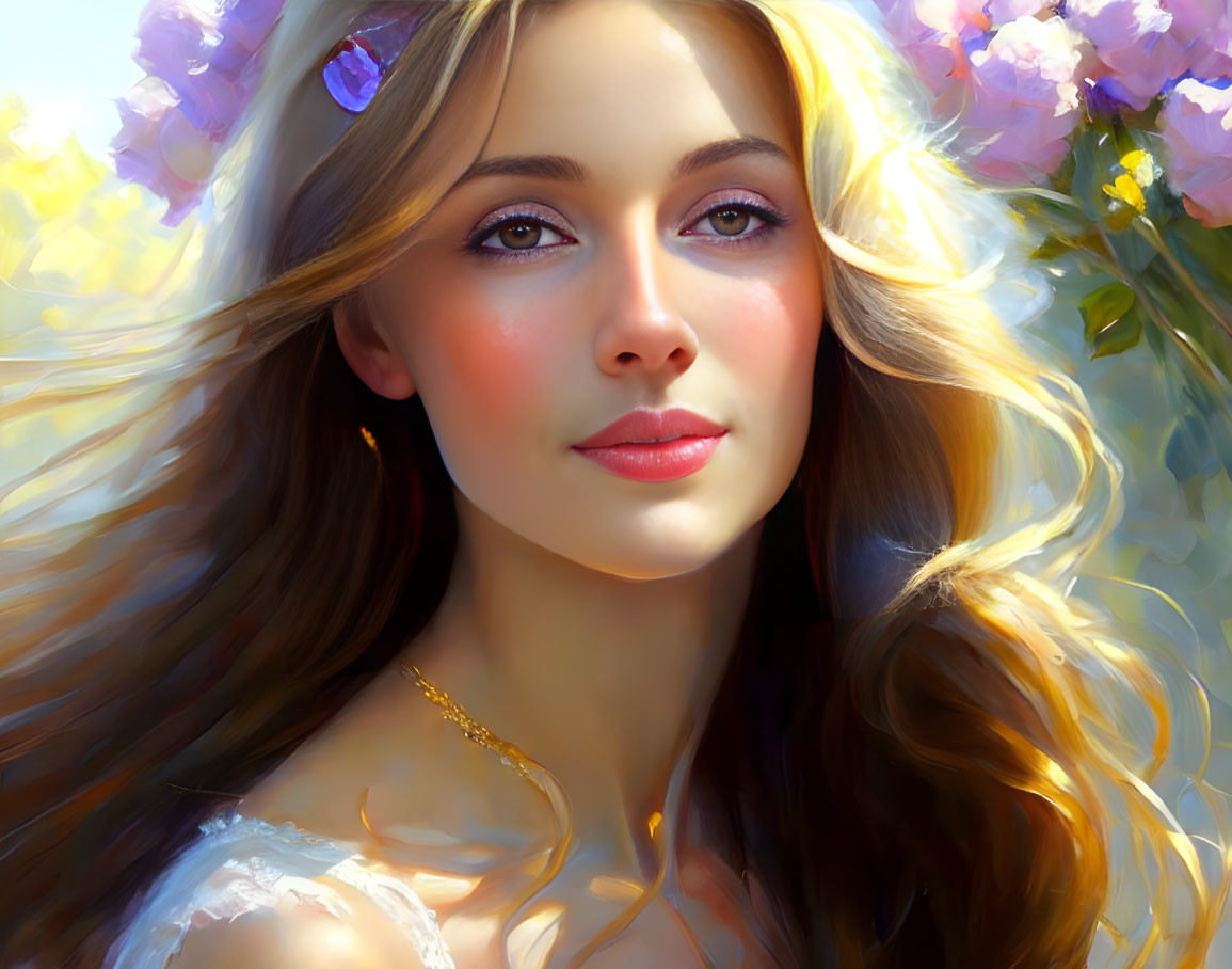 Young Woman Digital Painting with Flowing Hair and Flowers in Soft Focus