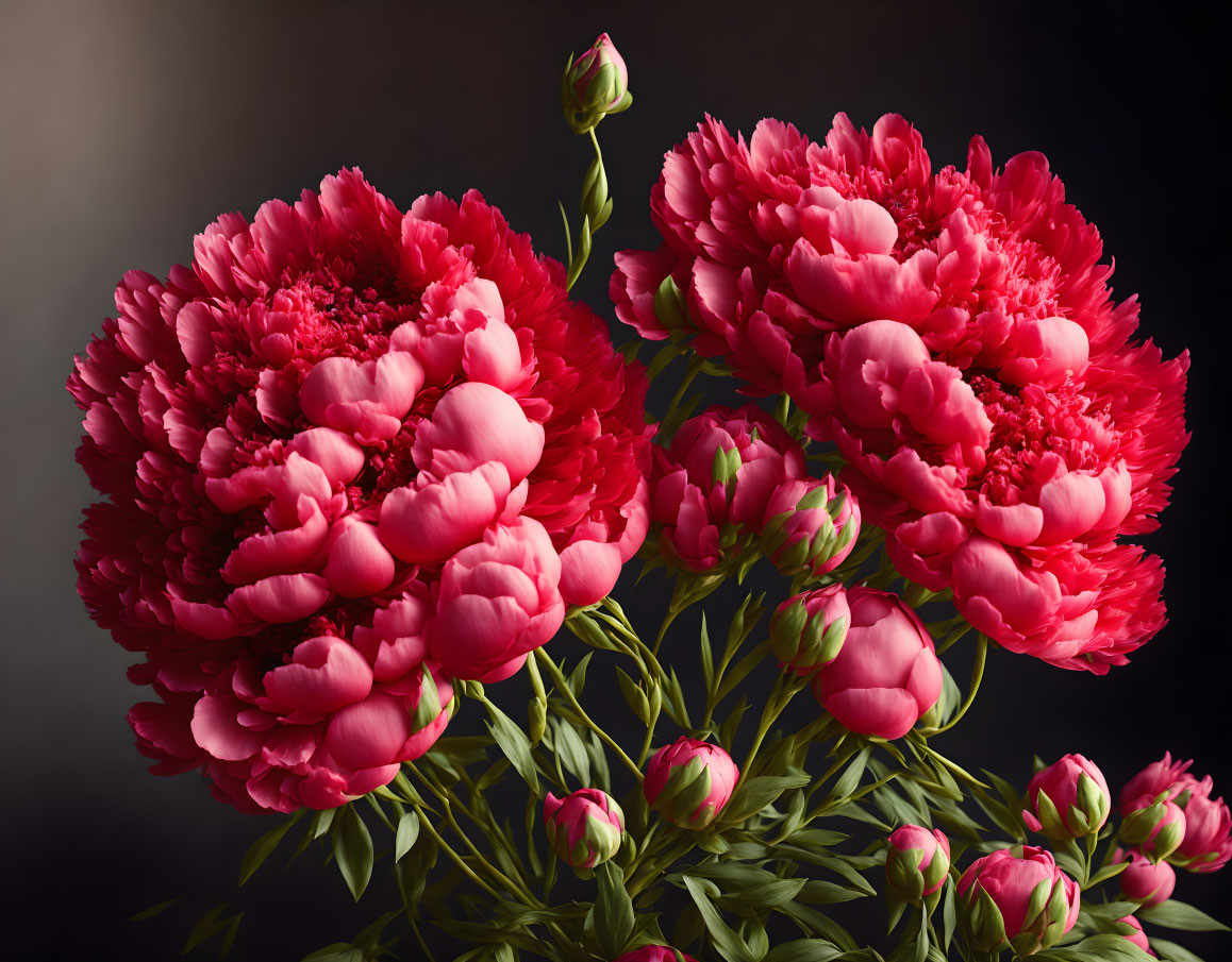 Three Vibrant Red Peonies in Full Bloom on Dark Background