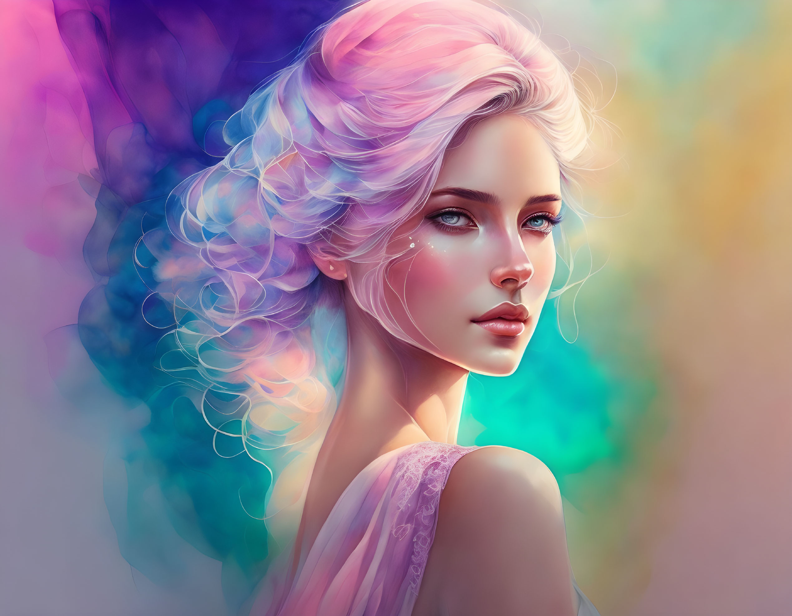 Digital Artwork: Woman with Pastel Hair & Blue Eyes on Vibrant Background