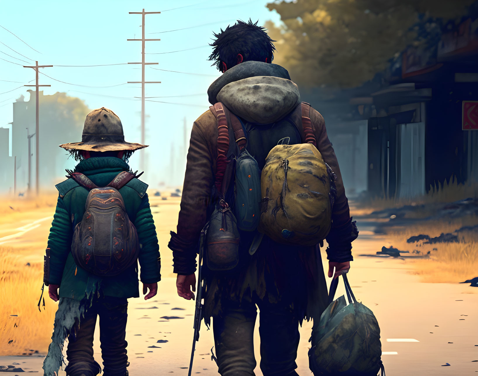 Animated characters with backpacks in apocalyptic setting