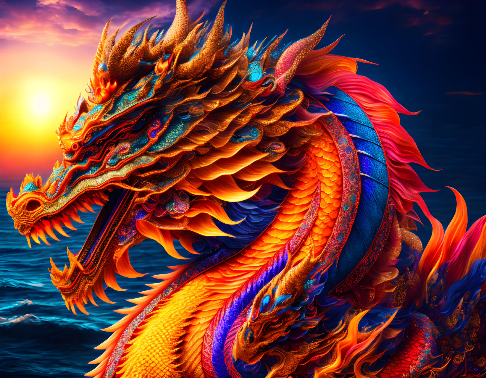 Colorful Chinese Dragon Illustration Over Sunset Ocean