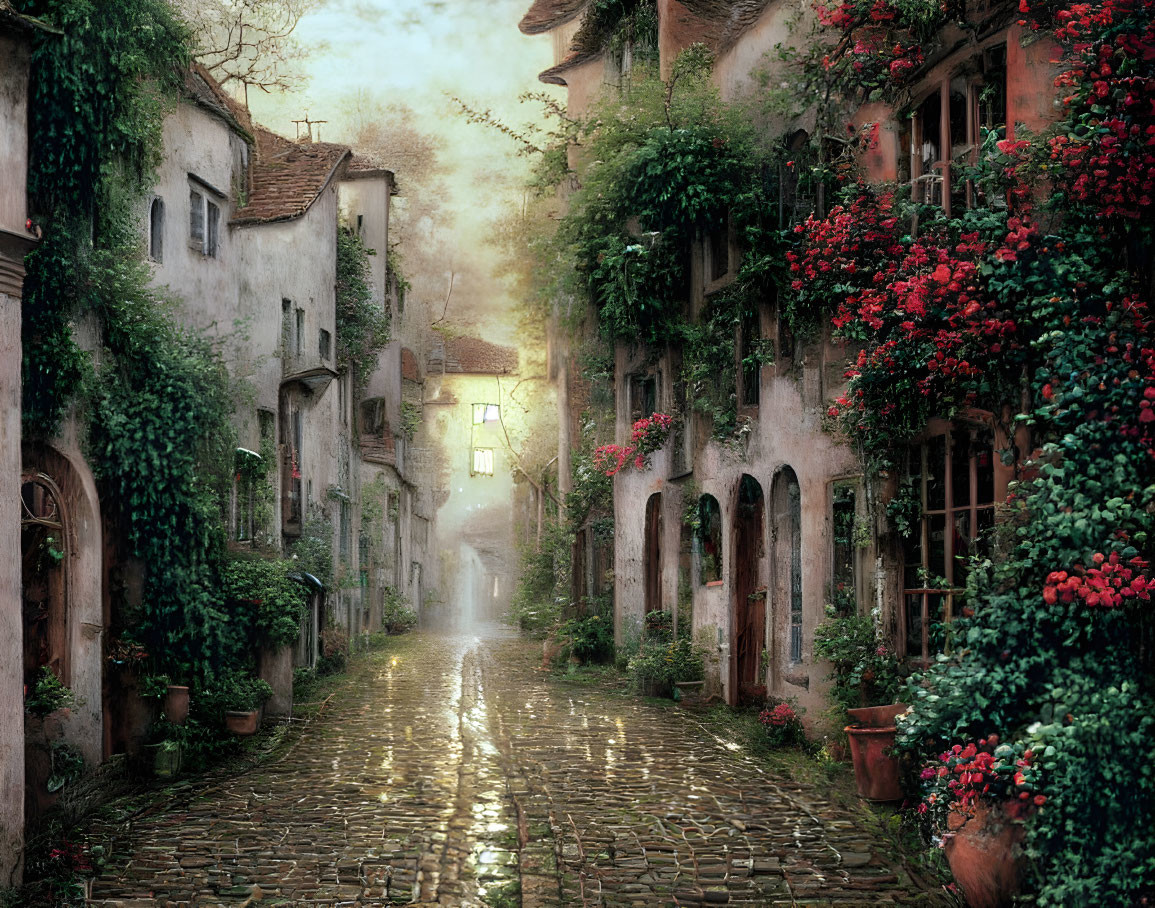 Charming cobblestone street with ivy-covered houses and red flowers at dawn or dusk