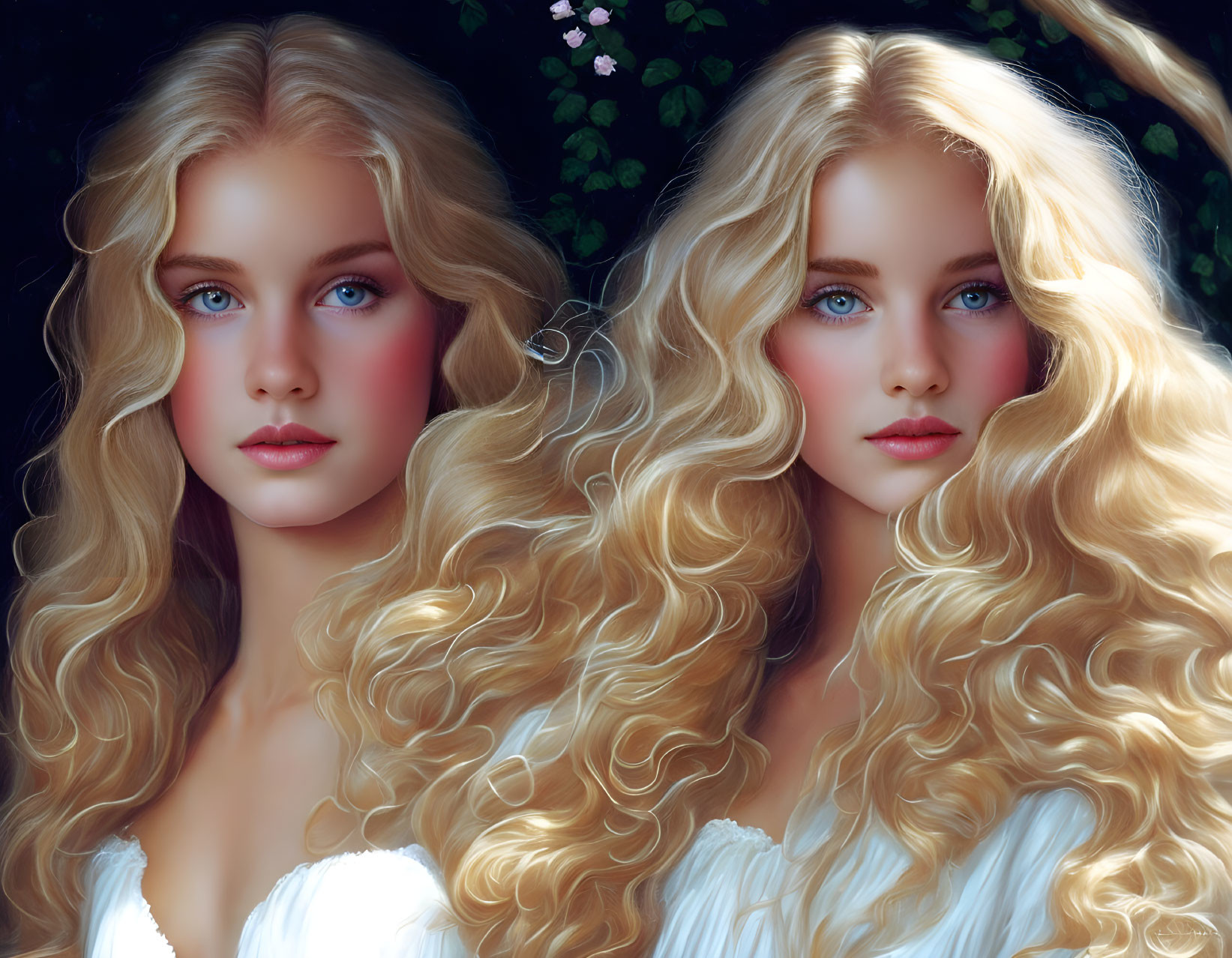 Blonde Women with Blue Eyes Side by Side on Dark Background