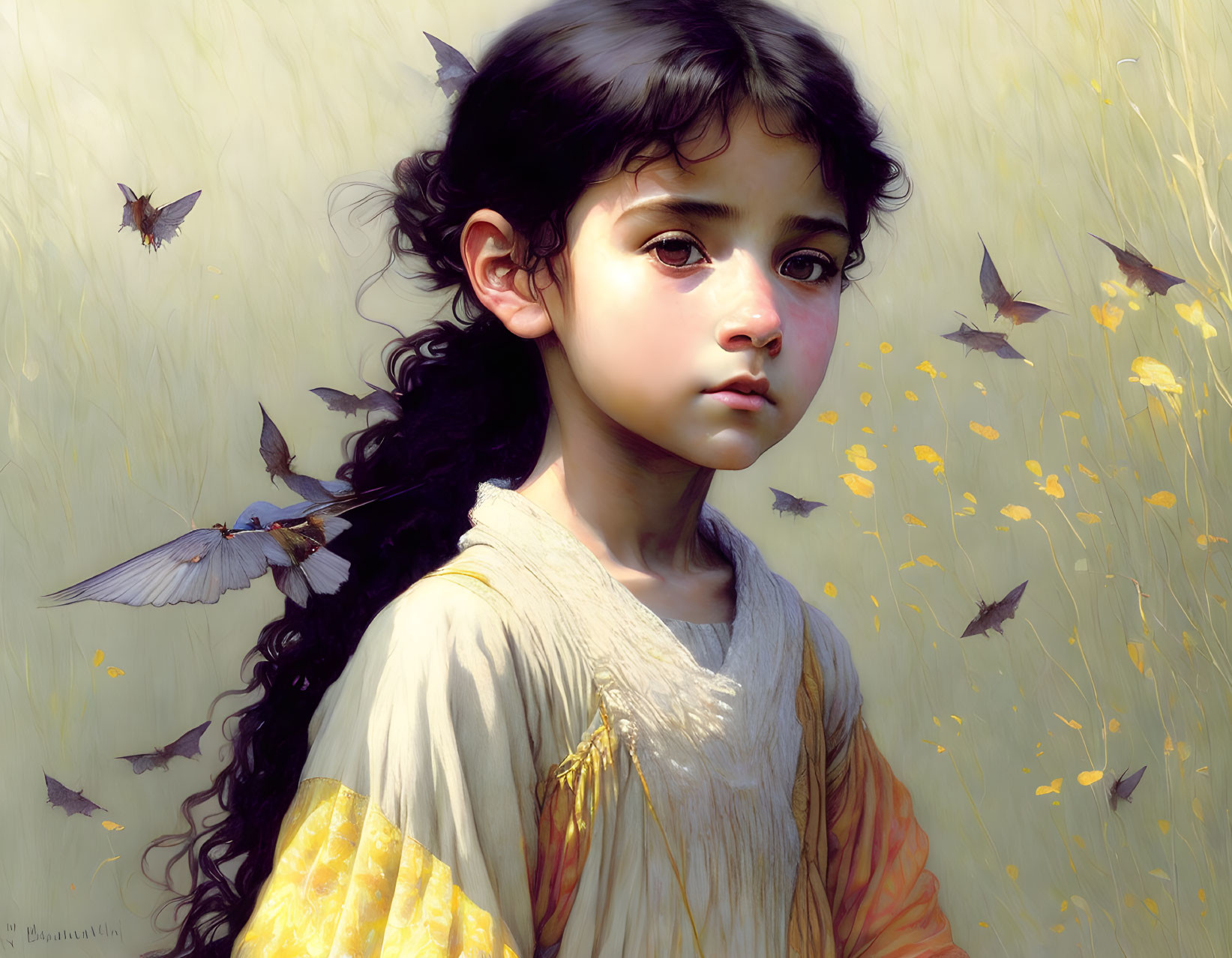 Dark-haired girl surrounded by butterflies in sunlit field.