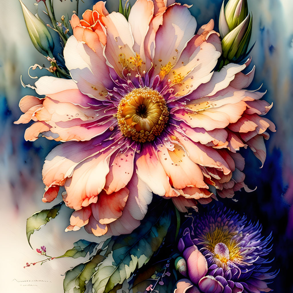Colorful digital artwork: Detailed flower with pink and orange petals on blue background