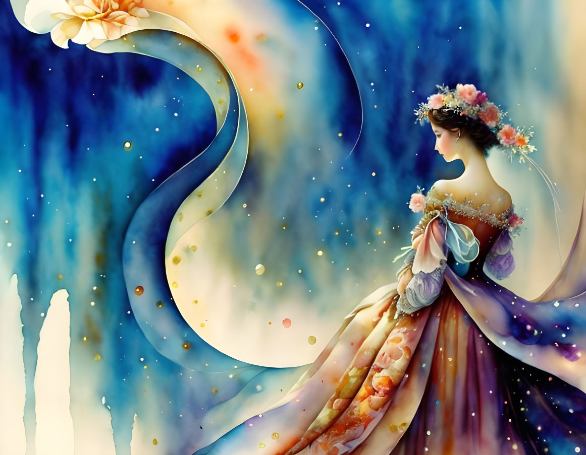 Illustrated woman in elegant dress with floral adornments on blue star background