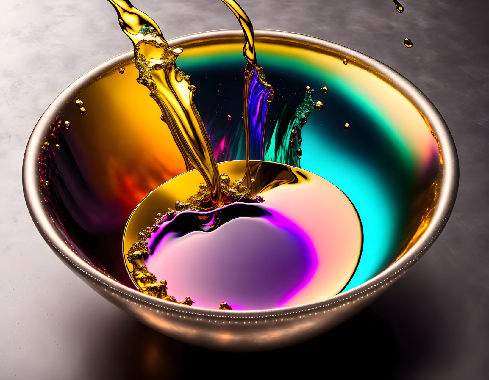 Vibrant liquid poured into reflective bowl, forming swirling metallic patterns