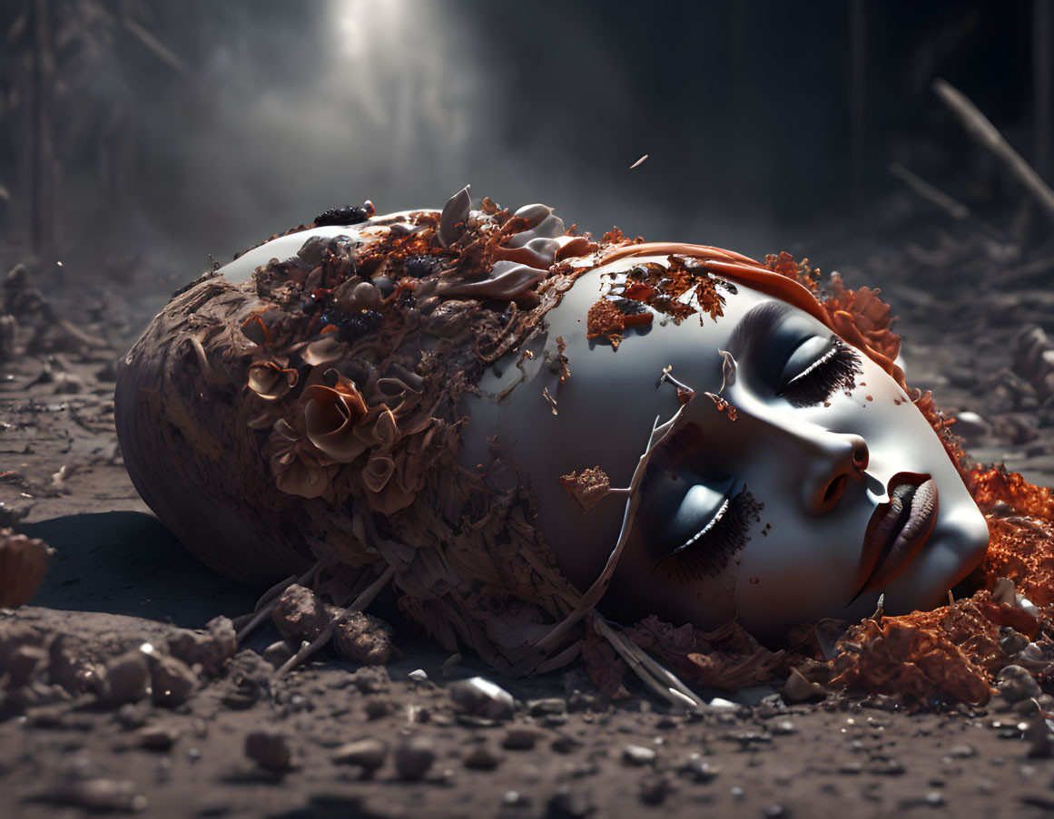 Hyper-realistic detached robotic head with feminine features in dusty debris.