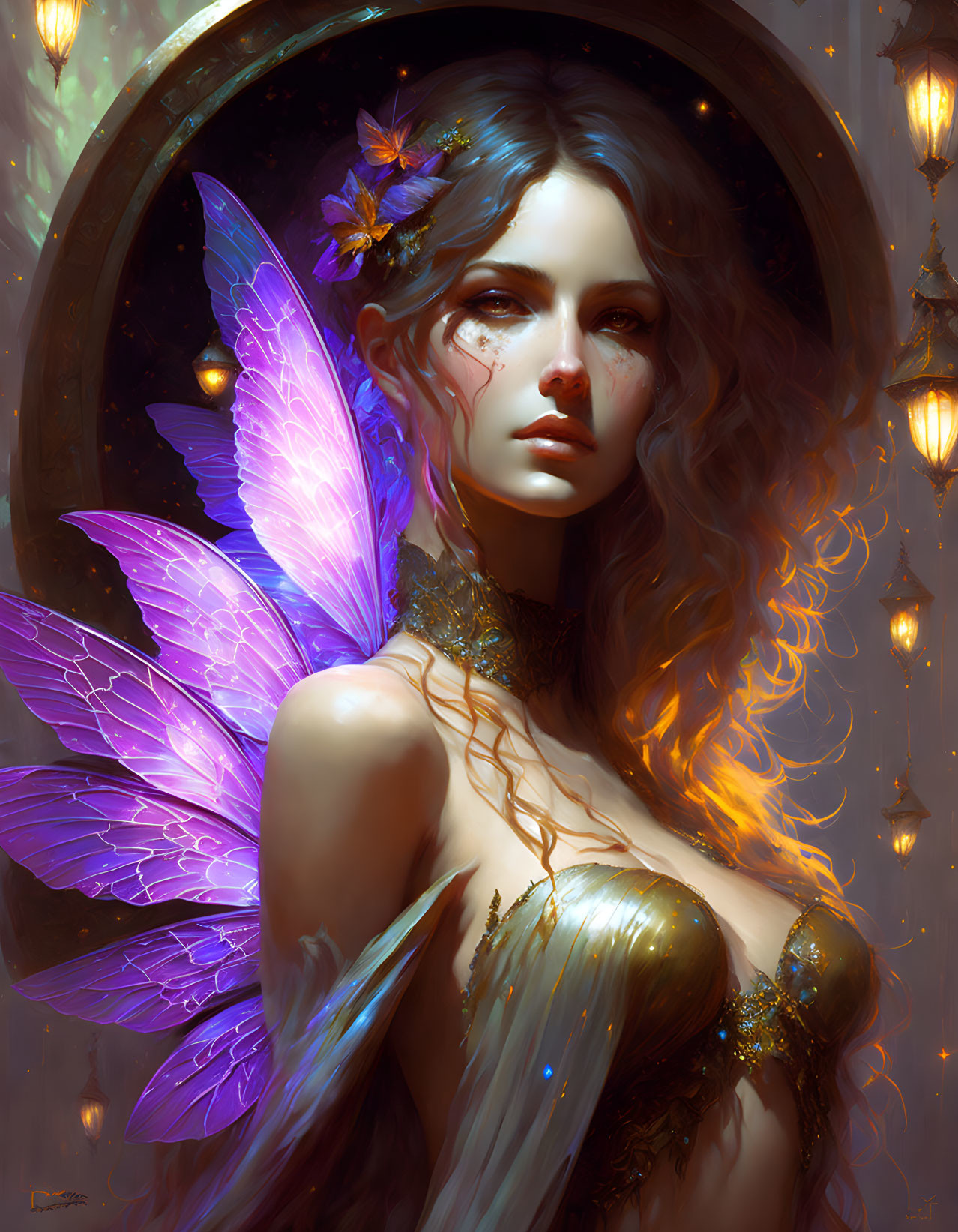 Purple-winged fairy with blue eyes in golden light and floral hair accent