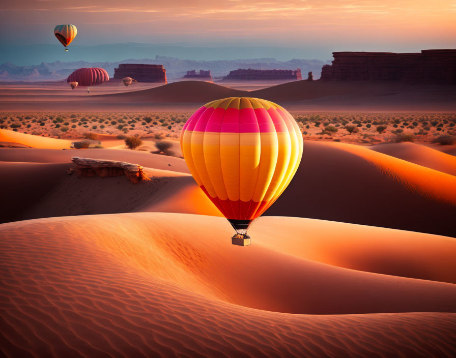 Colorful hot air balloons fly over desert sand dunes at sunset