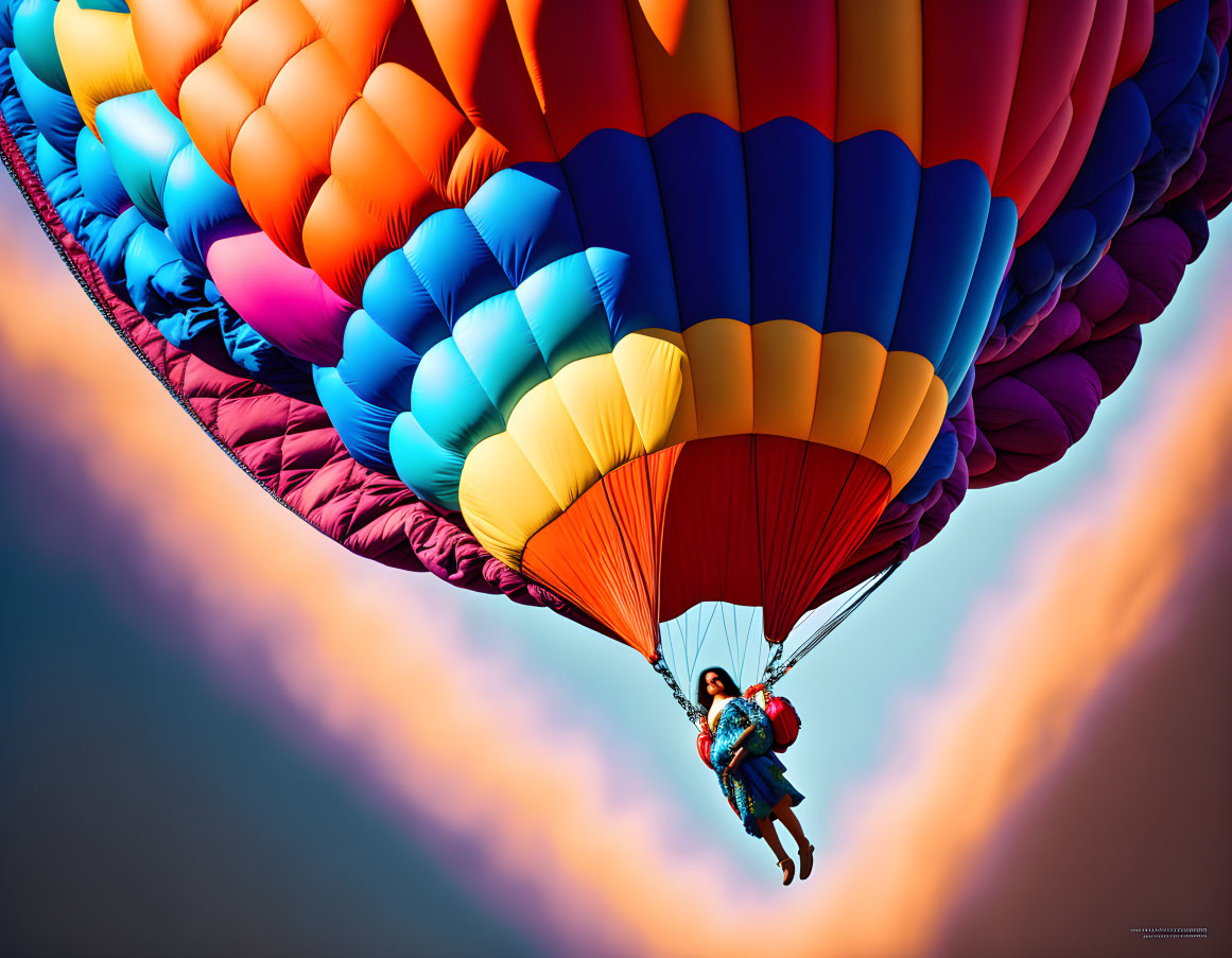 Person skydiving from vibrant hot air balloon against blue sky