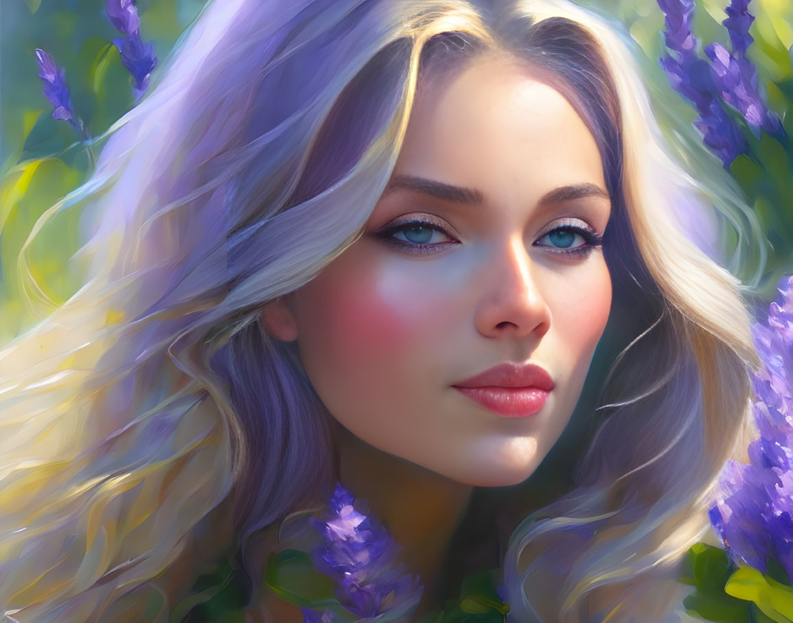 Blonde Woman Surrounded by Purple Flowers in Dreamy Digital Painting