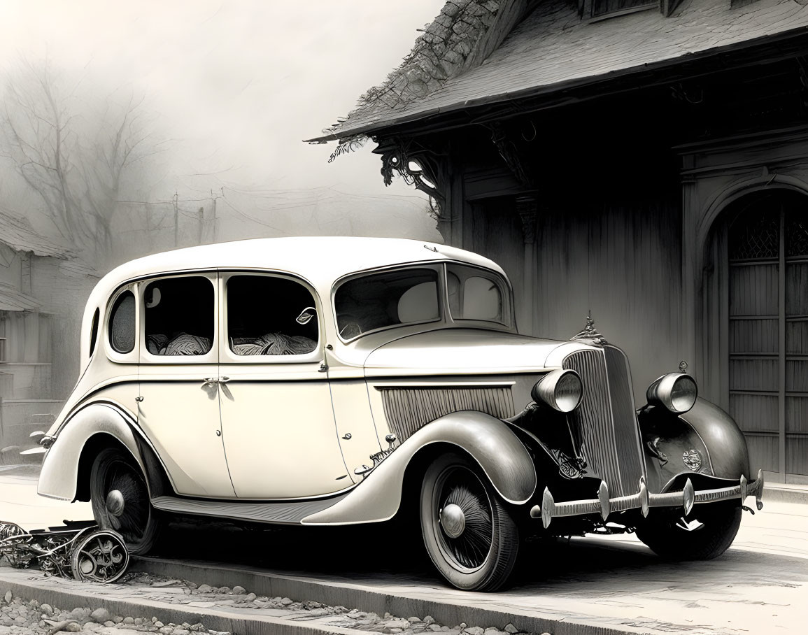 Vintage Car Parked in Front of Old House with Traditional Roofing