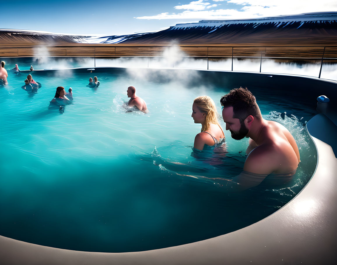 Geothermal pool relaxation in snowy landscape