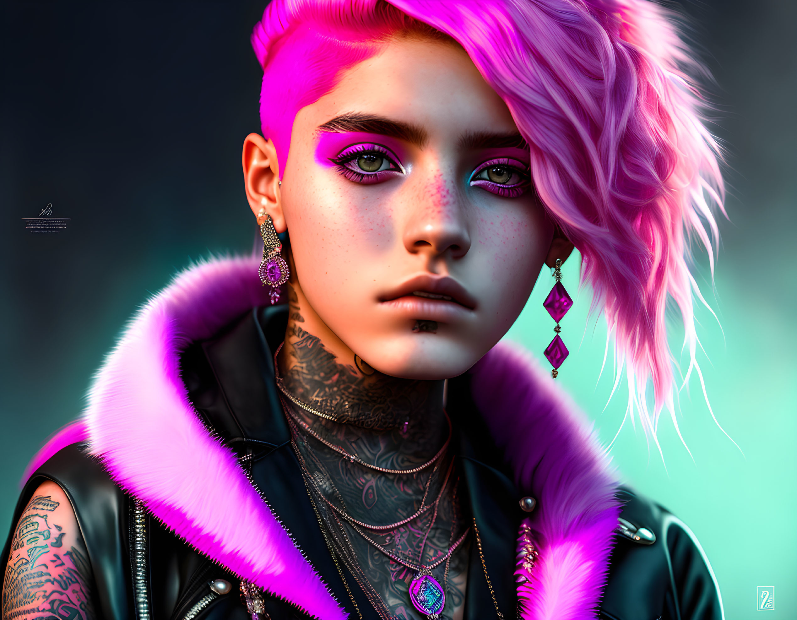 Pink-haired person with tattoos in black jacket with purple fur collar, earrings, and bold makeup.