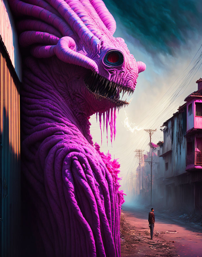 Gigantic purple creature with tentacle face confronts lone figure in deserted street