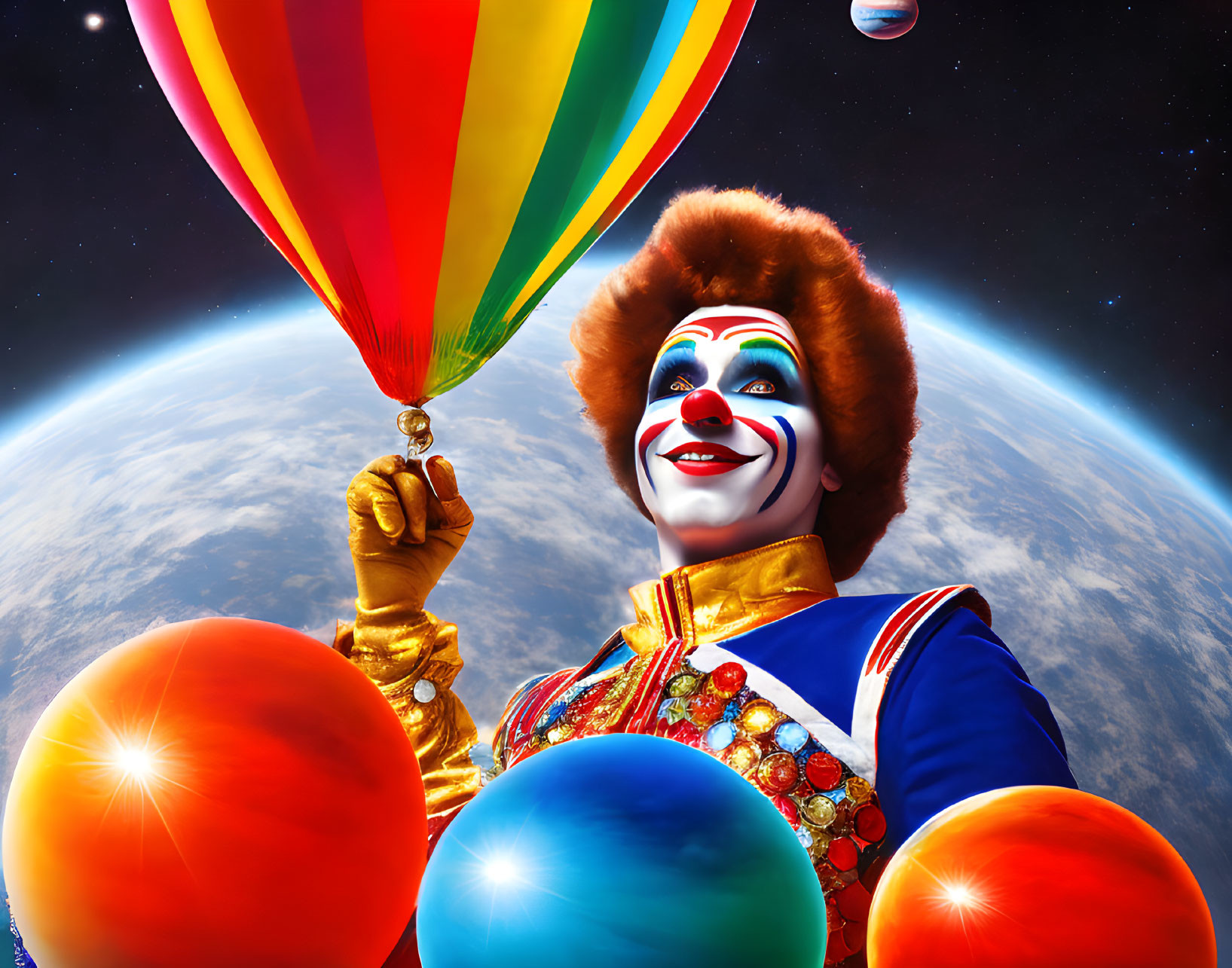 Clown holding hot air balloon in space among colorful balloons