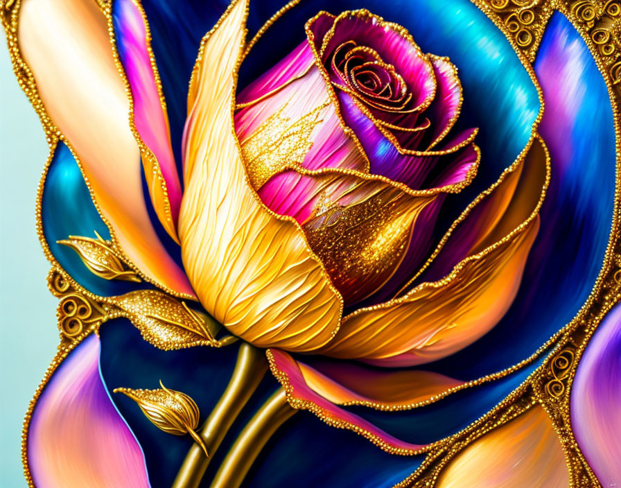 Stylized gold and purple rose with ornate details on blue background