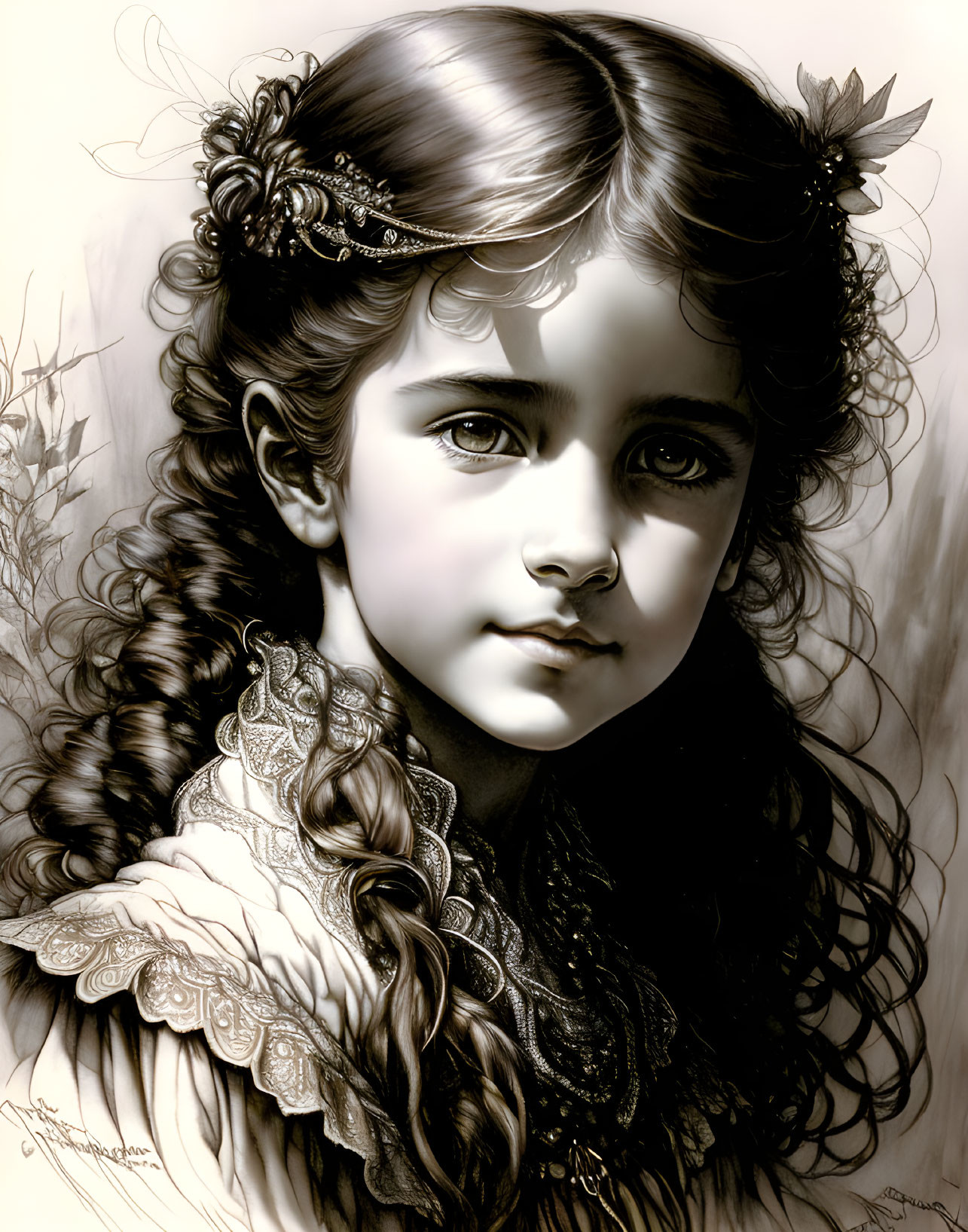 Detailed monochrome portrait of young girl with intricate headband and lace collar