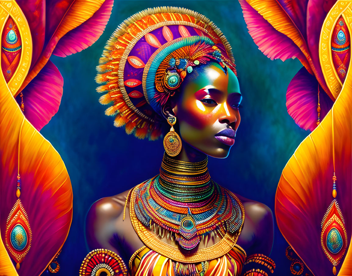 Colorful portrait of adorned woman with golden jewelry and headdress against intricate orange backdrop