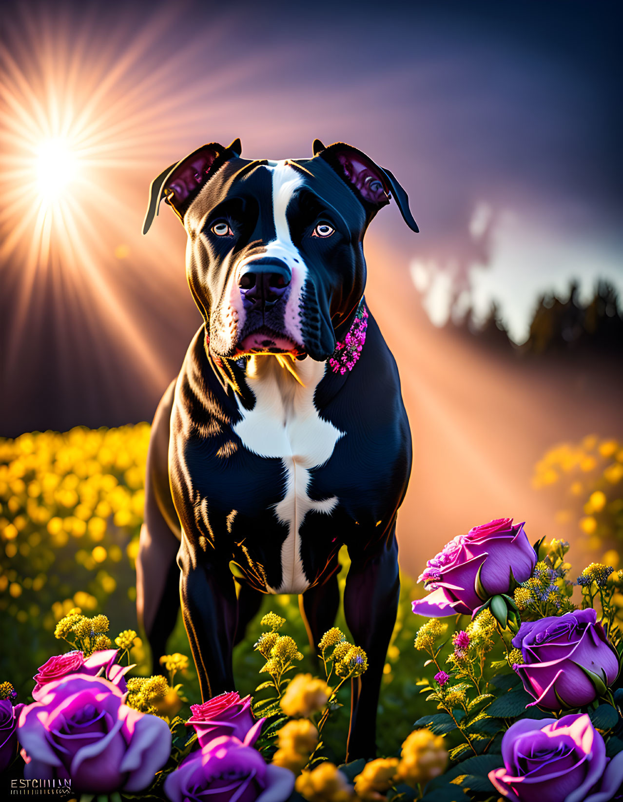 Black and white dog in purple rose field with sunlit backdrop