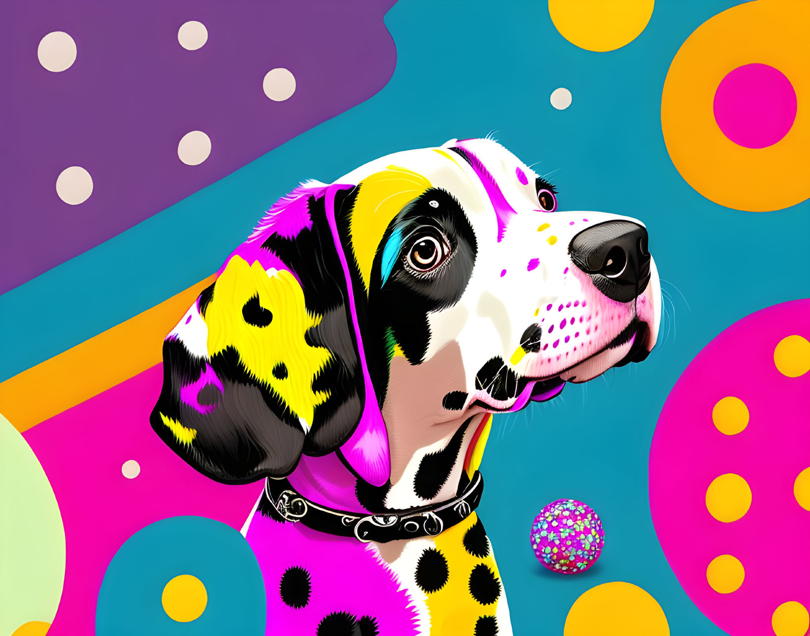 Vibrant polka dot dog illustration on colorful backdrop