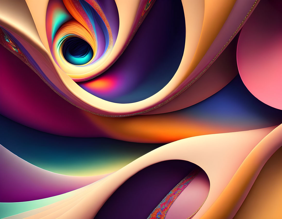 Vivid swirling abstract fractal art with smooth curves & central spiral.